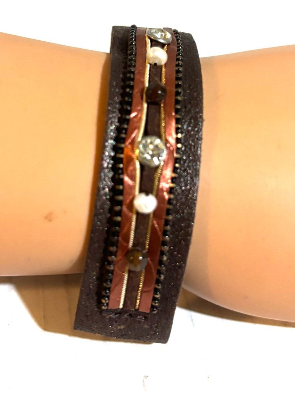 Brown Leather Multi-Row Beaded Bracelet